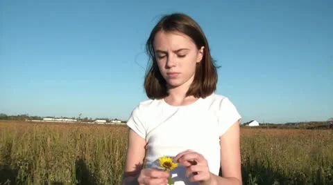 Girl Pulling Petals from Flower Video stock 12583576