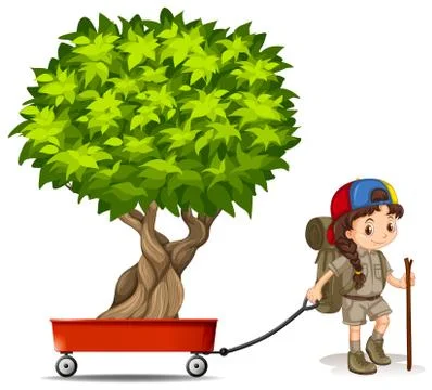 Girl pulling wagon with green tree イラスト素材