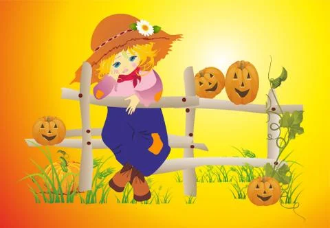 Girl with pumpkins Stock Illustration