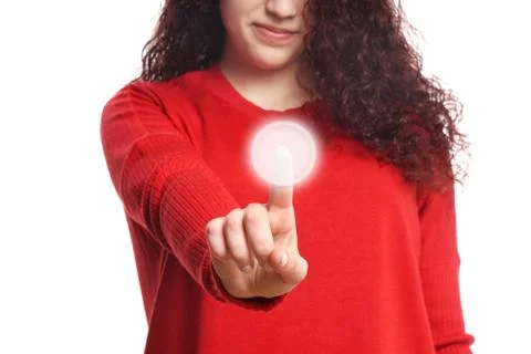 Girl pushing virtual button on touch screen Stock Photos