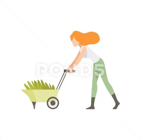 Girl pushing a wheelbarrow with seedlings, people working in the garden vector Stock Illustration