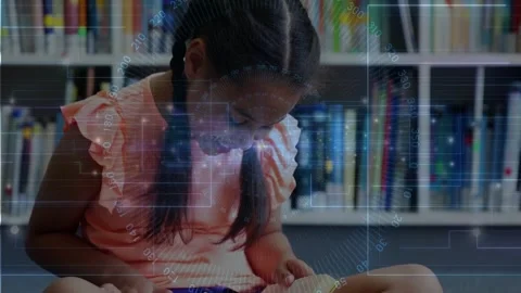 Girl reader opening book on carpeted floor, HUD overlay drifting across pages, Stock Footage 330652642