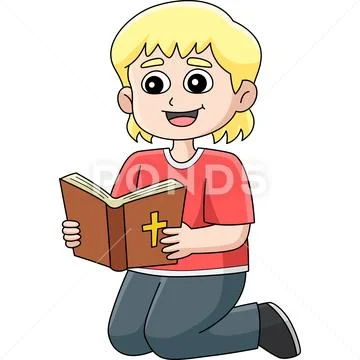 Girl Reading a Bible Cartoon Colored Clipart Illustration #255837420