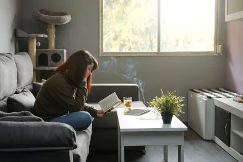 Girl reading a book at home relaxing Stock Photos