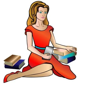 A girl is reading an e-book (electronic book) sitting on the floor. vector Stock Illustration