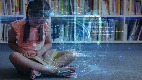Girl reading in library, turning pages and activating 3D HUD globe over book Stock Footage 329904553