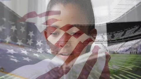 Girl reading script and activating flag overlay with stadium view while pledging Vídeo Stock 329297288
