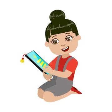 Girl Reading Text From Screen Of Tablet, Part Of Kids And Modern Gadgets Series Stock Illustration