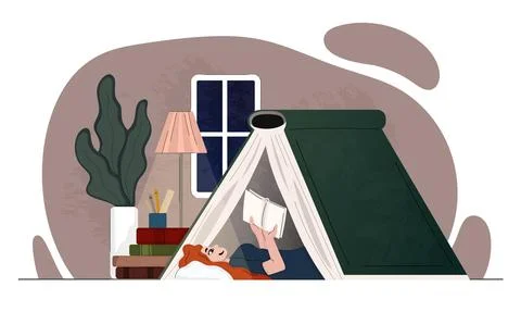 Girl reads a book at night under a large book tent in a room with a glowing l Stock Illustration