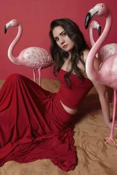 Girl in in red clothes sitting on sand among three flamingos Stock Photos