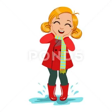 Girl In Red Coat And Rubber Boots, Kid In Autumn Clothes In Fall Season Stock Illustration