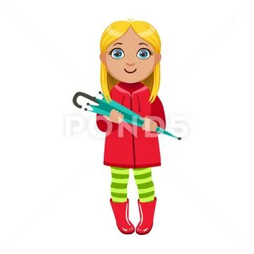 Girl In Red Coat With Umbrella, Kid In Autumn Clothes In Fall Season Enjoyingn Stock Illustration