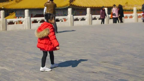 Girl in Red Coat Walking in Forbidden City Courtyard, Beijing China Stock Footage 345832020
