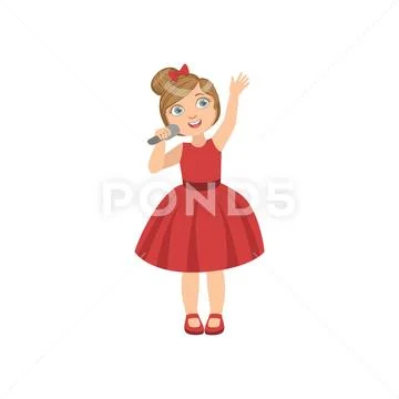 Girl In Red Dress With The Microphone Stock Illustration