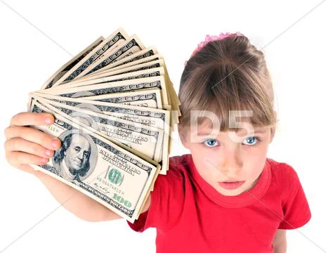 Girl in red sport t-shirt with money. angle. Stock Photos