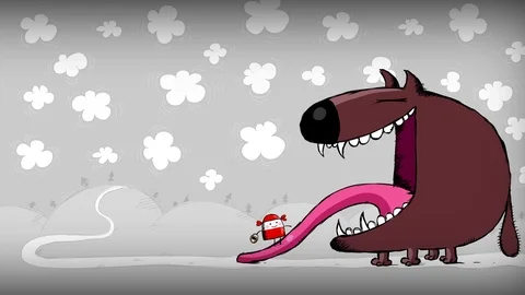Girl in red with wolf walking into the wolf's mouth. She has red hood. Stock Footage 89308058
