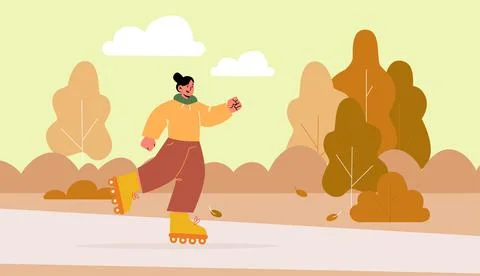 Girl ride on roller skates in autumn park Stock Illustration