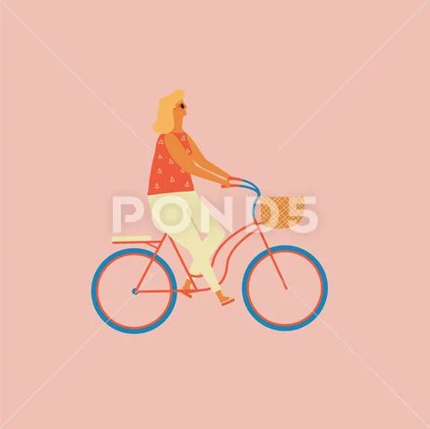 Girl riding a bicycle. Cycling people illustration in vector. Stock Illustration