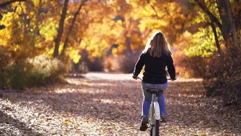 Girl riding her bike in the fall colors of November Stock Footage