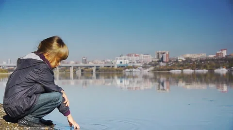 Girl at the River Stock Footage 965613