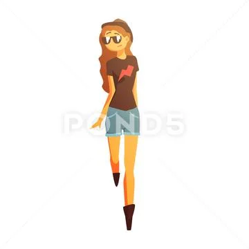 Girl In Rock-n-roll T-shirt, Shades, Jean Skirt And Boots, Young Person Street Stock Illustration