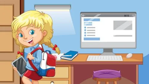 A girl is in the room with computer background Illustrazione stock