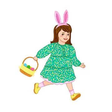 Girl Runs with an Easter Egg Basket Colorful Illustration Stock Illustration