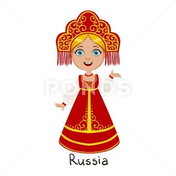 Girl In Russia Country National Clothes, Wearing Sarafan And Headdress Stock Illustration