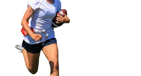 Girl Scoring a Touchdown During a Flag Football Game with a White Background Stock Photos
