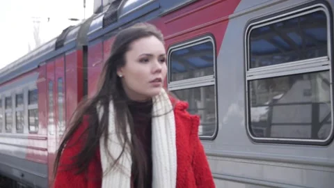 Girl  Seeing off the Train at the Platform Stock Footage 144635873