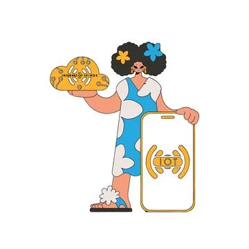 Girl with server for cloud storage and IoT. Illustrazione stock