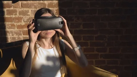 Girl Sets off Virtual Reality Helm Stock Footage