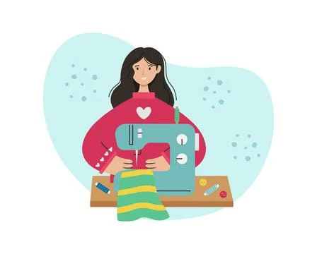 The girl sews on a sewing machine. Creative profession. Stock Illustration