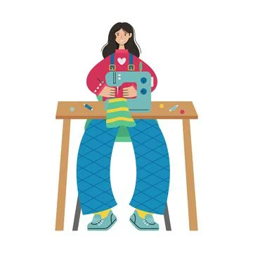 The girl sews on a sewing machine. Creative profession. Illustrazione stock