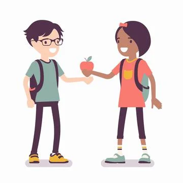 Girl sharing apple with boy friend イラスト素材