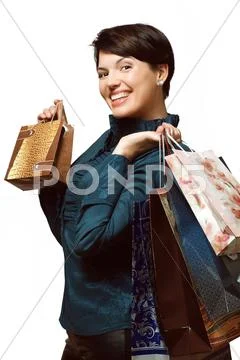 Girl with shopping in bags, Shopaholic, Packages with things Stock Photos