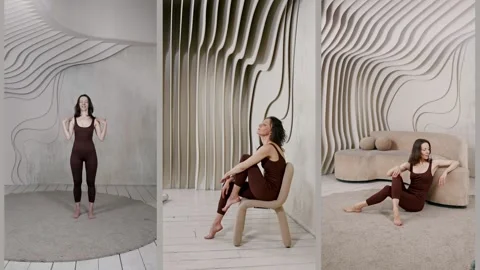 A girl shows how to pose while sitting. Posture, loose leg position  Stock Footage 314647405