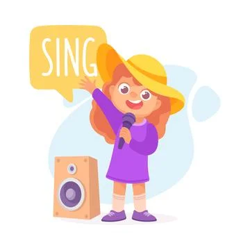Girl Sing in Microphone as Verb Study with Little Kid Demonstrating Activity Stock Illustration
