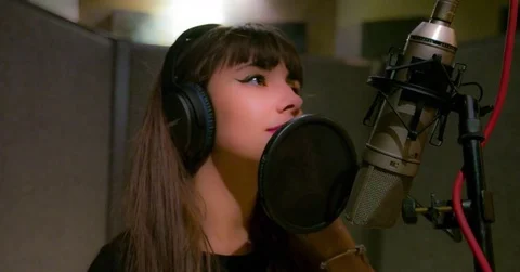 Girl Singing Into Studio Mic Stock Footage 80090351