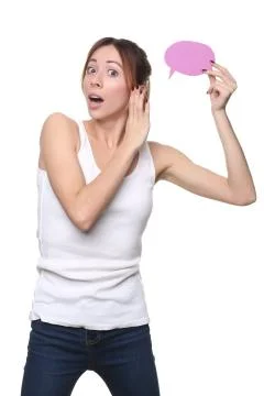 Girl in singlet posing with thinking cloud. Close up. White background Stock Photos