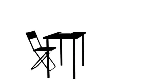 Girl sits down at the table drinks tea and uses a laptop silhouette Video stock 81696676