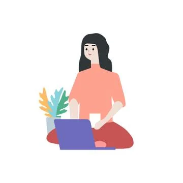 A girl sits in front of a laptop at home and drinks tea, vector chart Stock Illustration