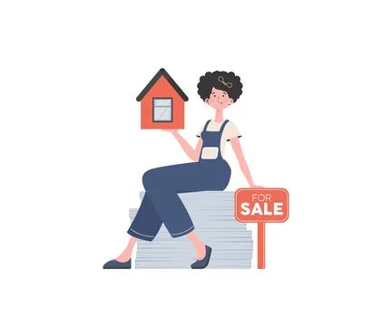 The girl sits on a stack of documents and holds the house in her hands. Rea.. Illustrazione stock