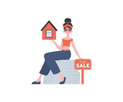 The girl sits on a stack of documents and holds the house in her hands. Sel.. Stock Illustration