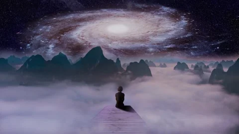 A girl is sitting above clouds and watches mountains with a galaxy spinning Stock Footage 246786264