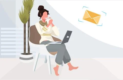 Girl sitting on armchair using computer messenger online chatting app on laptop Stock Illustration
