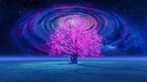 A girl sitting below the glowing tree with the stars and spinning galaxy Stock Footage 246789703