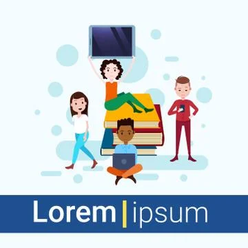 Girl sitting booking stack hold tablet boy with gadgets template for design work Illustrazione stock
