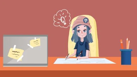 Girl sitting with a computer and working. イラスト素材