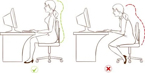 Girl sitting at an ergonomically correct computer station.(Black and white) Illustrazione stock